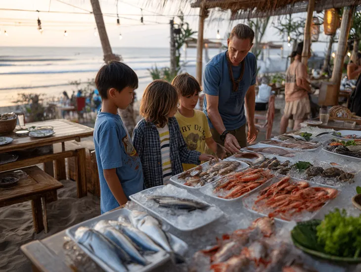 Family Dinners in Indonesia 2026 – Childcare expert helping a child eat grilled fish safely at the beach