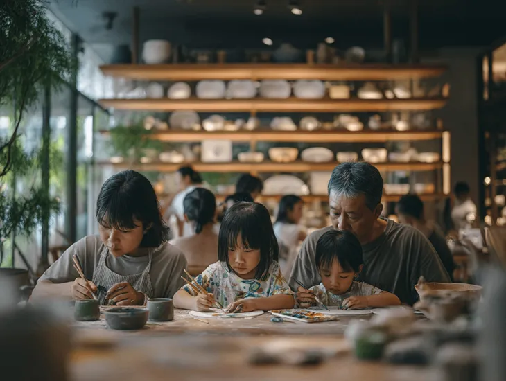 Jenggala Ceramics in Bali 2026 – Professional babysitter helping a young child paint a mug safely.