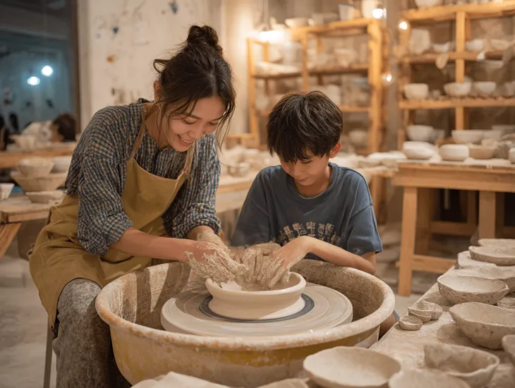 Pottery Classes in Indonesia 2026 – A childcare expert guiding a preschooler painting safely.