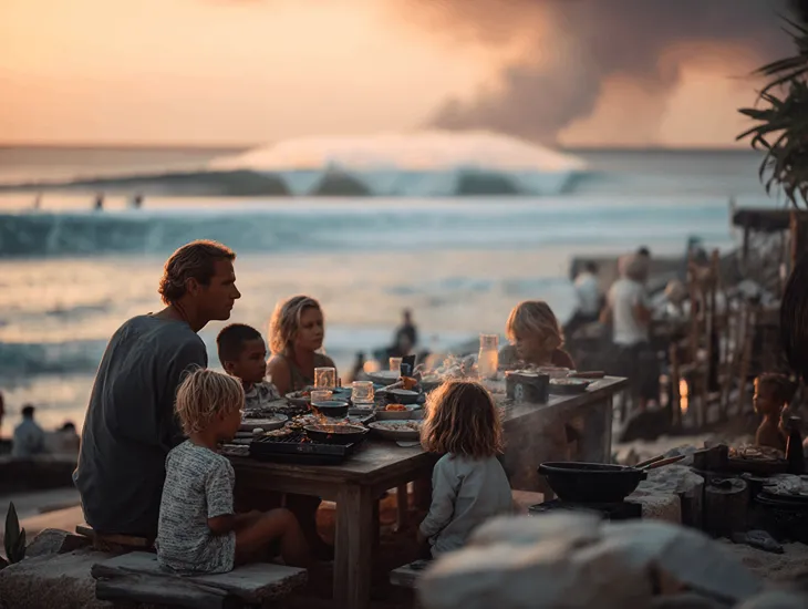 Coastal Dining in Canggu 2026 – Caregiver supervising children near a beachfront dining area safely.