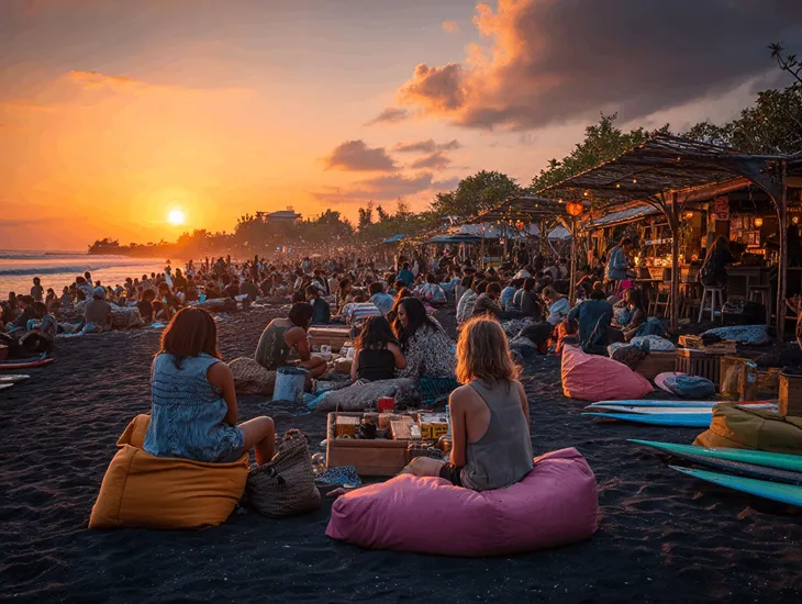 Seafood BBQ in Canggu for Family 2026 – Professional babysitter setting up a safe play area away from a hot grill.