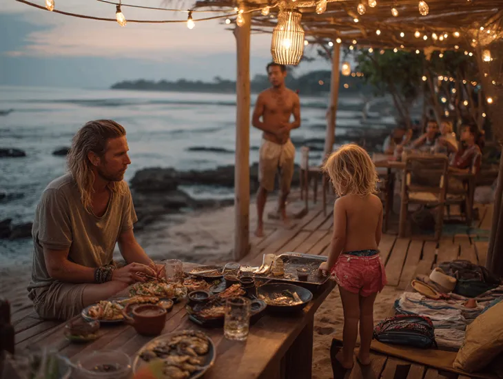 Seafood BBQ in Canggu for Family 2026 – Trained professional babysitter cleaning a child's hands before the dinner.