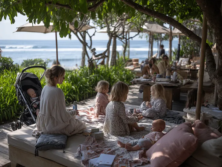 Childcare Activities in Bali 2026 – A babysitter setting up a defined safe-zone marker with towels for a playing toddler.