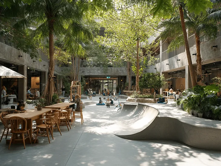 Tamora Gallery Kid-Friendly in Canggu 2026 – A dedicated assistant helping a toddler navigate a safe playground slide.