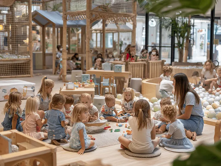 Childcare in Indonesia 2026 – A professional babysitter organizing educational toys inside a playroom.