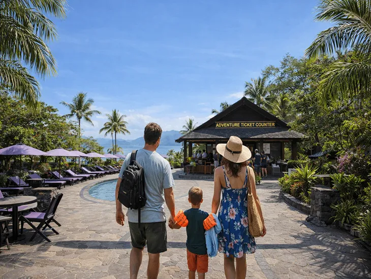 Water Park in Indonesia 2026 – A professional babysitter helping a child organize a towel by the pool.