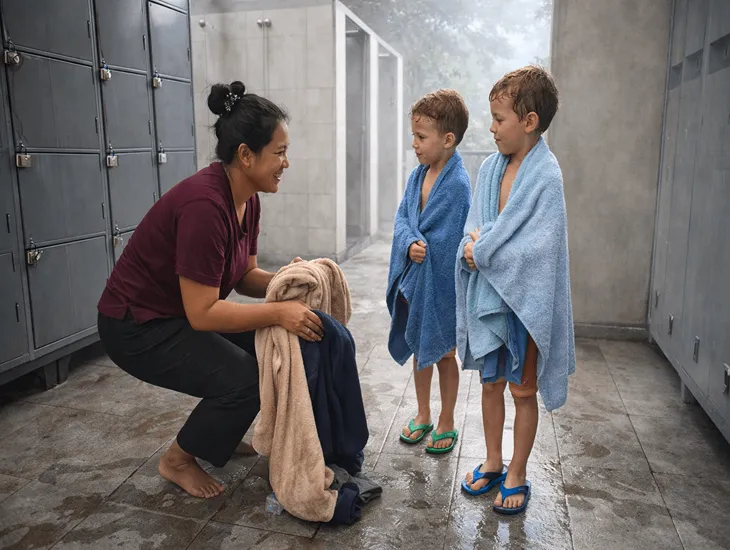 Hygiene Standards in Indonesia 2026 – A caregiver organizing dry clothes in a public locker room.