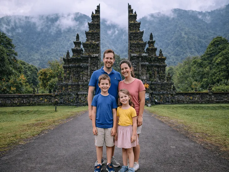 Bali babysitter Activities 2026 – A professional caregiver supervising children near the stone entrance in Bedugul.