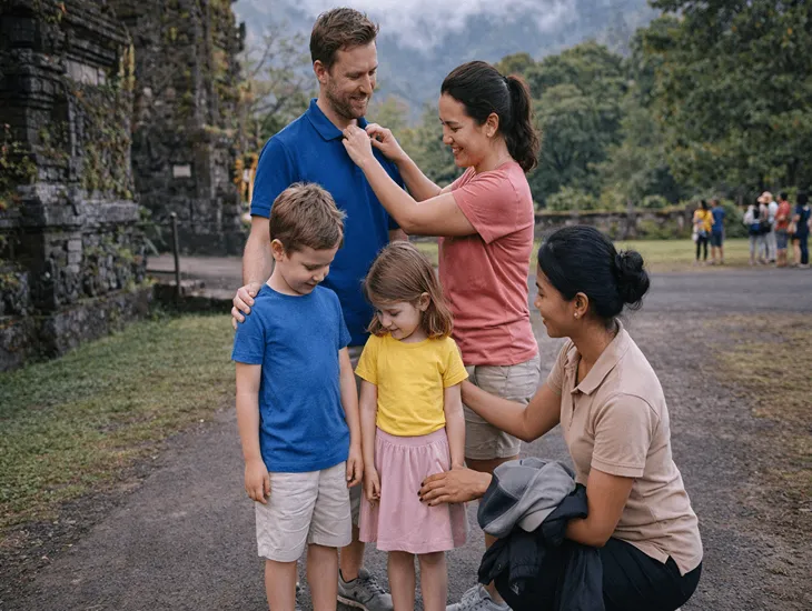 Famous Gate Photo in Bali 2026 – A professional babysitter in Indonesia helping a family coordinate their outfits before their turn in the queue.