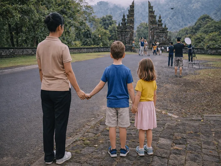 Famous Gate Photo in Bali 2026 – A babysitter in Indonesia keeping children away from the busy road during a photo stop.