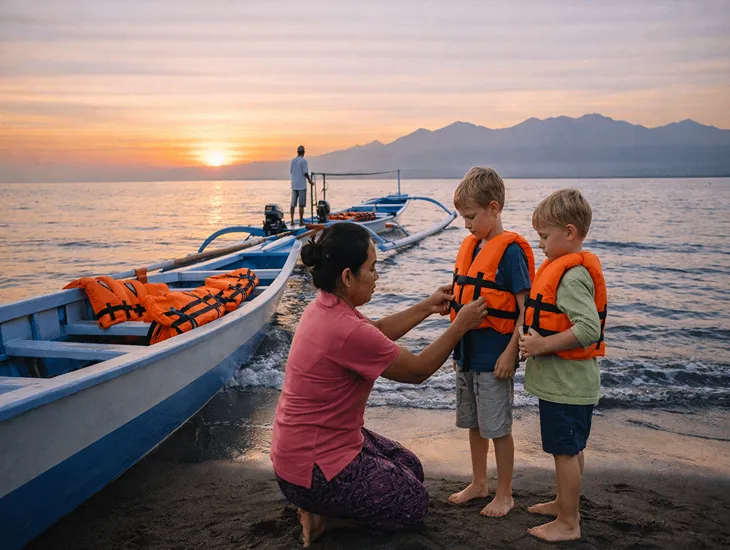 Lovina Beach in Bali 2026 – A professional babysitter in Indonesia helping children wear life jackets on a boat.
