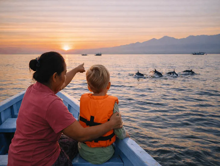 Lovina Beach in Bali 2026 – A childcare expert in Indonesia pointing at spinner dolphins for a toddler.