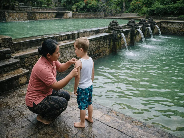 Childcare Support in Indonesia 2026 – Professional babysitter helping a child organize their swimwear before entering the sulphur pools.