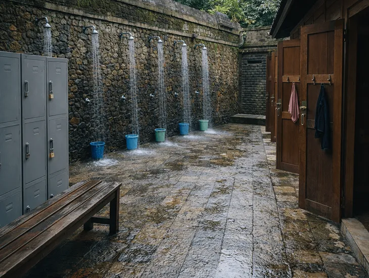 Hygiene Standards in Indonesia 2026 – Professional babysitter in Indonesia helping a child dry off after a swim in the mineral pools.