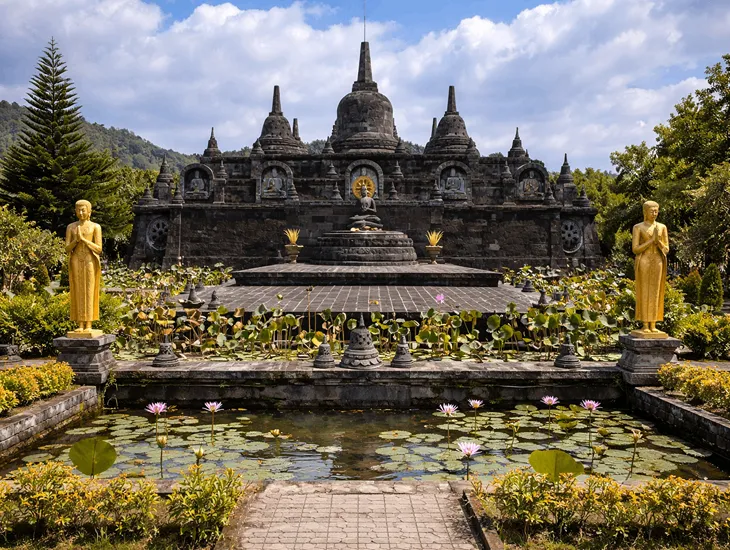 Mini Borobudur in North Bali 2026 – A professional babysitter guiding children through a quiet Buddhist monastery.