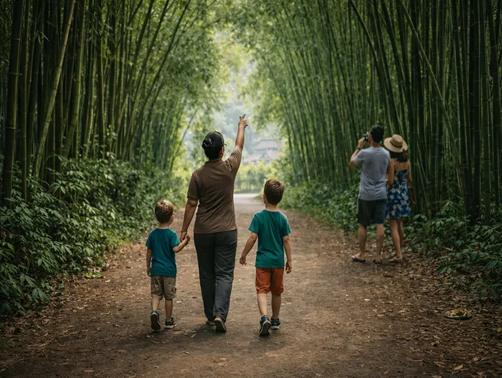 Traditional village in Indonesia 2026 – A professional babysitter guiding children through a bamboo forest.