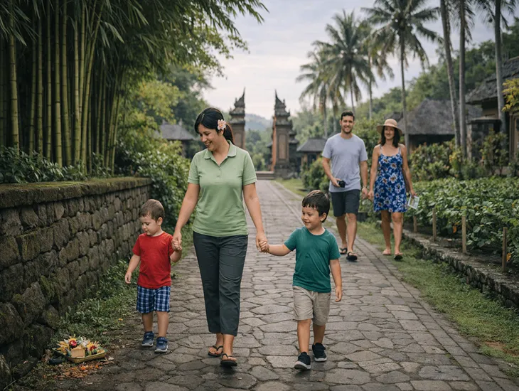 Heritage site in Indonesia 2026 – A professional caregiver explaining architecture to a child.