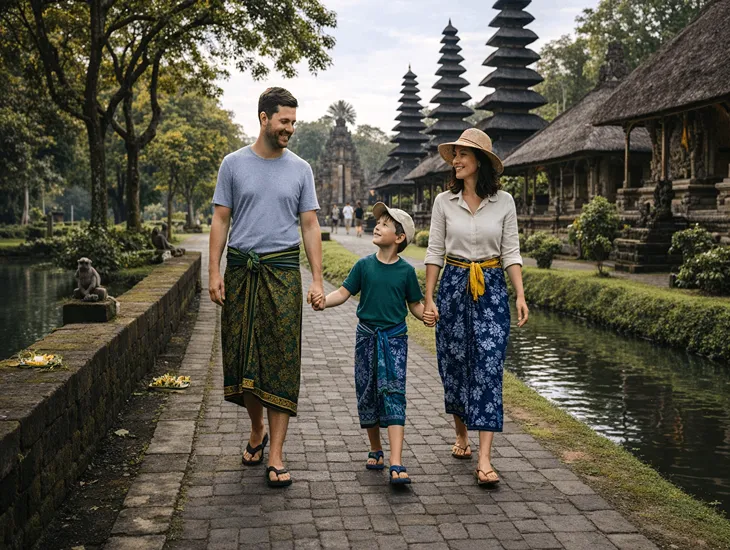 Cultural sites in Indonesia 2026 – A professional babysitter guiding a family through a peaceful royal temple.