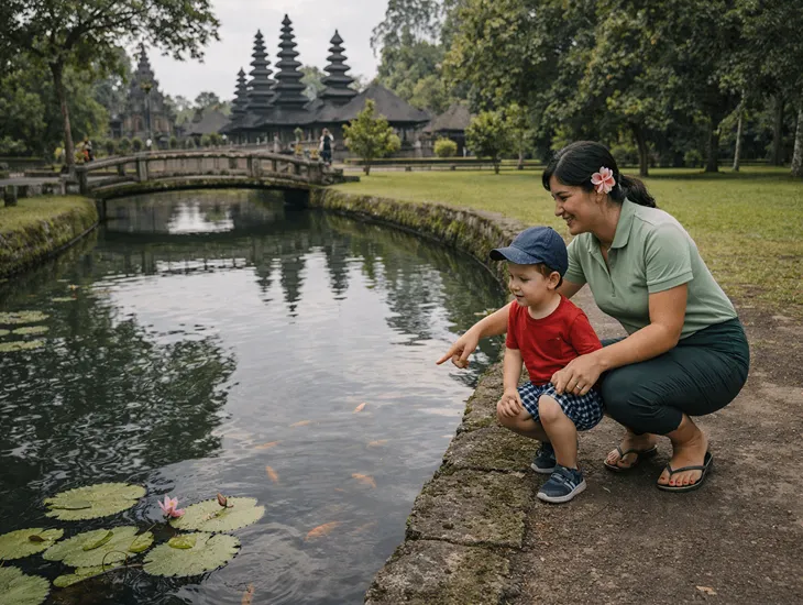 Babysitter in Bali 2026 – A caregiver holding a toddler's hand near a large lotus pond.