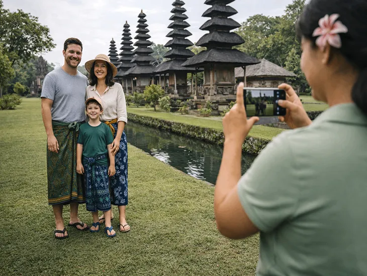 Heritage site in Indonesia 2026 – A professional caregiver explaining architecture to a young child.