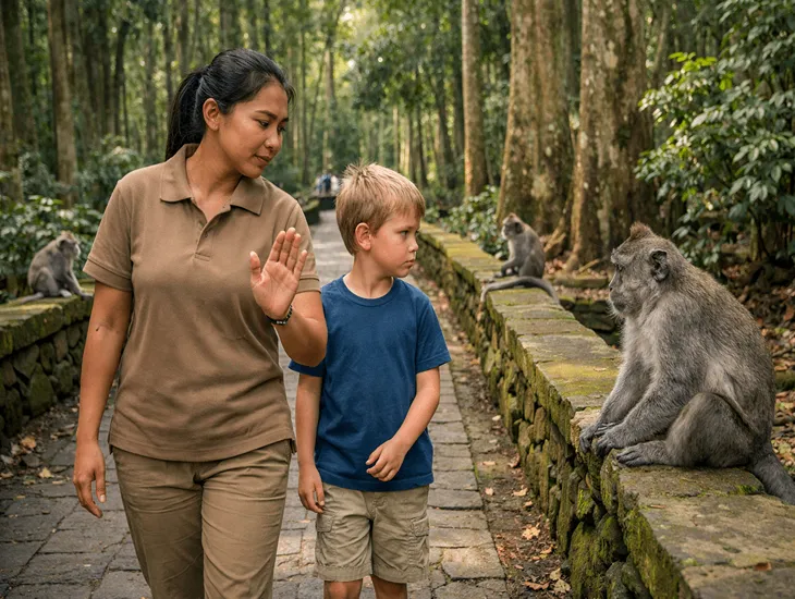 Wildlife reserve in Indonesia 2026 – A professional caregiver watching wild macaques securely.