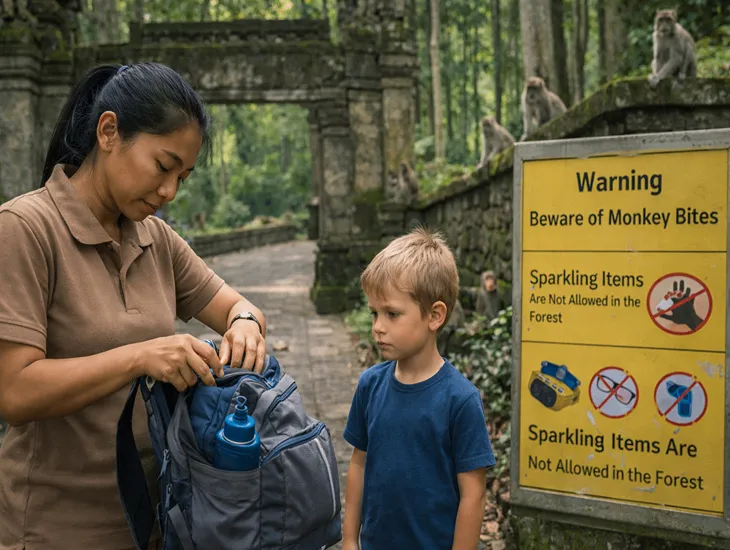 Child safety in Indonesia 2026 – A caregiver checking a securely zipped bag in the monkey area.