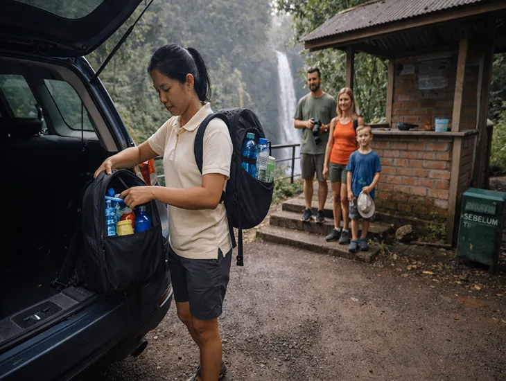 Nungnung Waterfall in Bali 2026 – A professional babysitter verifying entrance tickets at the wooden booth near the parking area.