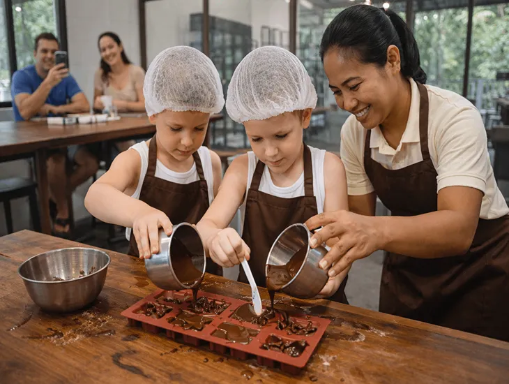 Bali Family Excursions 2026 – A professional babysitter helping a child stir a bowl of melted chocolate safely.