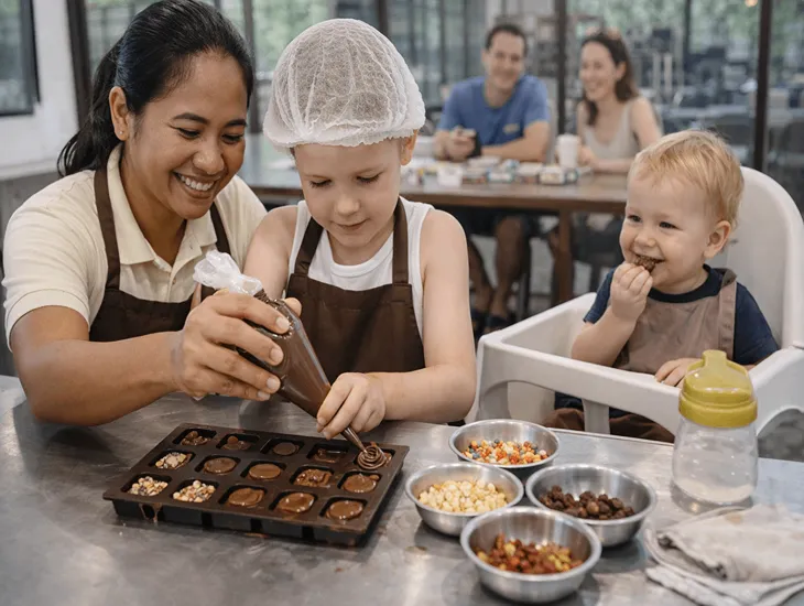 Chocolate Making Bali 2026 – A caregiver guiding a child's hand while decorating a fresh chocolate praline.