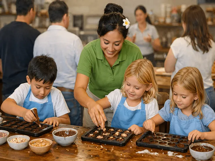Childcare Nutrition Bali 2026 – A professional babysitter offering a child a bottle of water after a chocolate tasting.