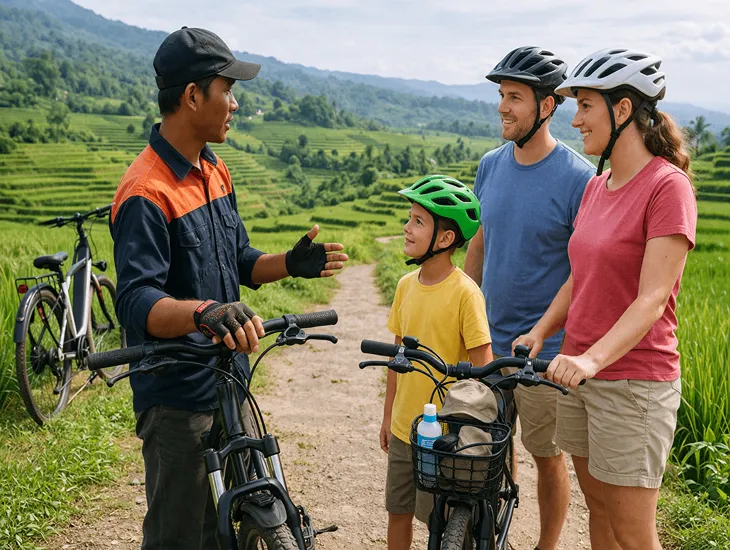 Cycling Safety in Indonesia 2026 – A professional babysitter in Bali checking a child's helmet fit before a tour.