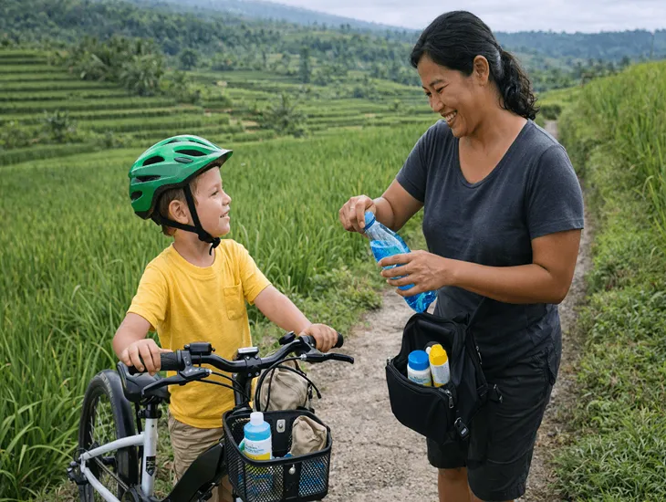Babysitter in Bali 2026 – A professional caregiver guiding children safely across a stone bridge in the rice fields.