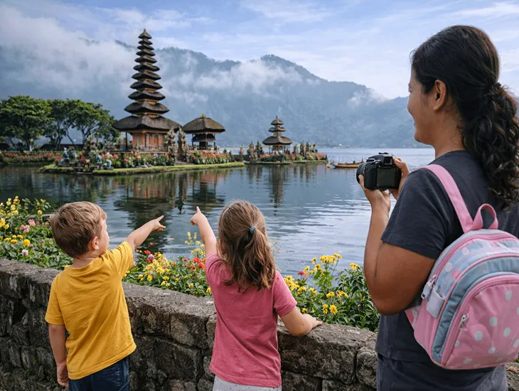 Floating Temple in Bali 2026 – A professional babysitter in Indonesia pointing out tiered shrines to a group of children.