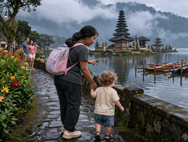 Temple in Indonesia 2026 – A caregiver in Bali holding a child's hand securely near the edge of Lake Beratan.