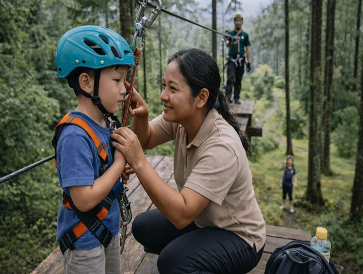Highland Safety 2026 – babysitter in Indonesia offering emotional support to a child on a zipline.