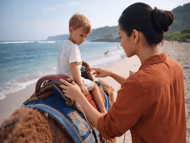 Beach safety in Indonesia 2026 – A professional sitter in Bali holding a child's hand near a resting camel.