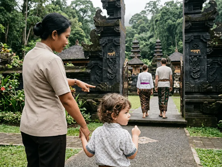 Sitter in Bali 2026 – A childcare specialist in Indonesia waiting with a toddler in the outer temple courtyard.