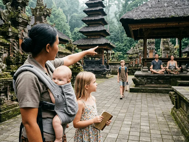 Sitter in Bali 2026 – A professional Sitter in Indonesia holding a child's hand near the temple pond.
