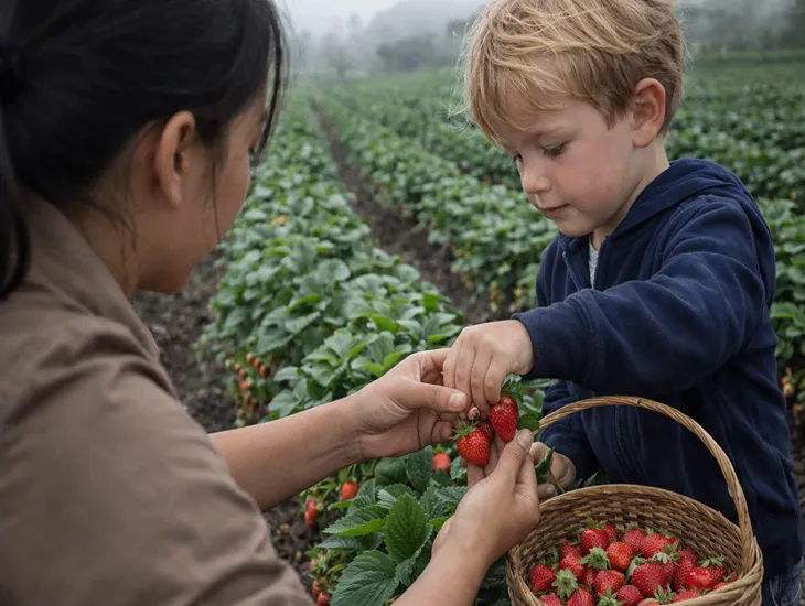Indonesia Highland Agrotourism 2026 – Children learning how to identify ripe fruit at a farm with a caregiver.
