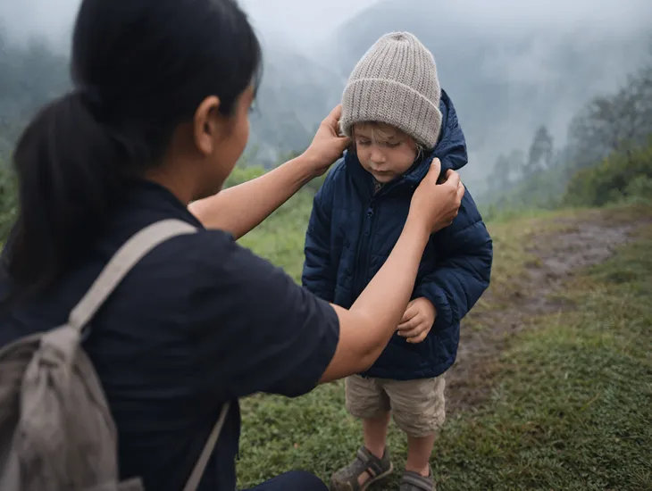 Highland Farm Excursion in Petang 2026 – Caregiver packing warm clothes and rain gear for a child's mountain trip.