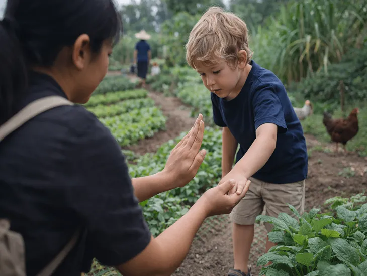 Pelaga Strawberry Farm in Bali 2026 – Childcare professional teaching a young boy how to gently touch a plant leaf.