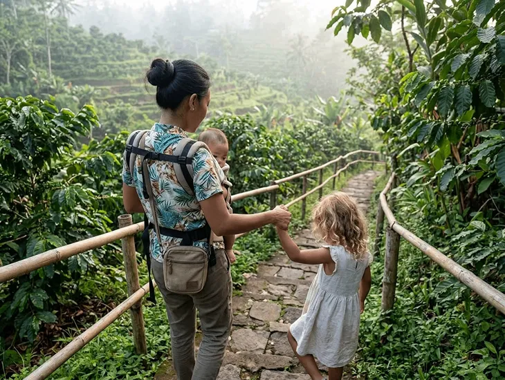 Coffee Farm in Bali 2026 – Childcare assistant supervising a roasting demo at a Coffee Farm in Bali.