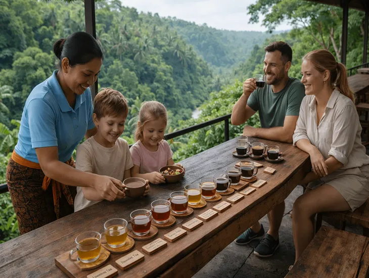 Sitter in Bali 2026 – Childcare provider managing children during a traditional tasting in Tampaksiring.
