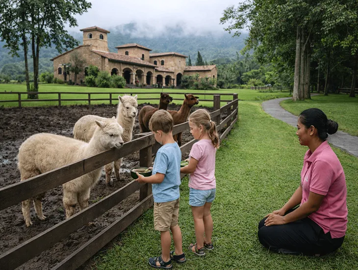 Bali Farm House for Kids 2026 – A Sitter supervises children feeding alpacas and playing on the highland lawns.