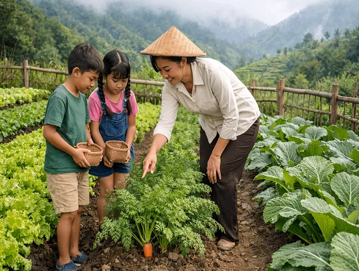Bali Farm House for Kids 2026 – Children exploring the harvest garden with a Sitter in the Tabanan highlands.