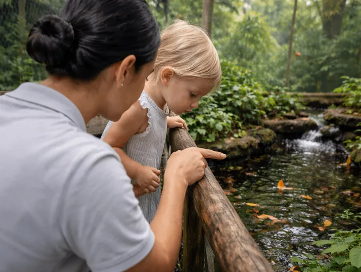 Wanasari Tropical Gardens 2026 – A caregiver guiding a child through the pupa room in Wanasari.