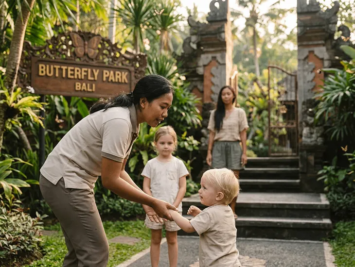 Wanasari sitter Support 2026 – A professional caregiver helping a toddler observe butterflies in Bali.