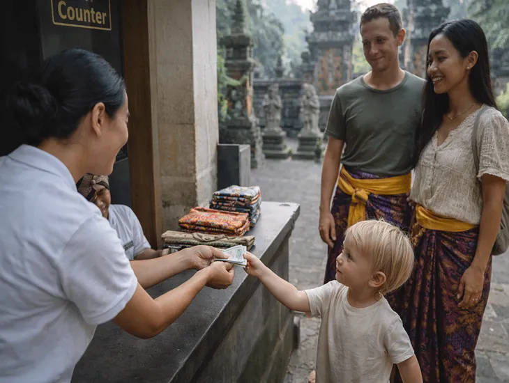 Sacred temple safety 2026 – A caregiver holding a toddler's hand while observing bats in the cave.