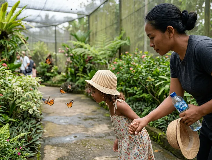 Kemenuh Butterfly Park in Bali 2026 – A professional Sitter guiding children through a tropical insect garden.