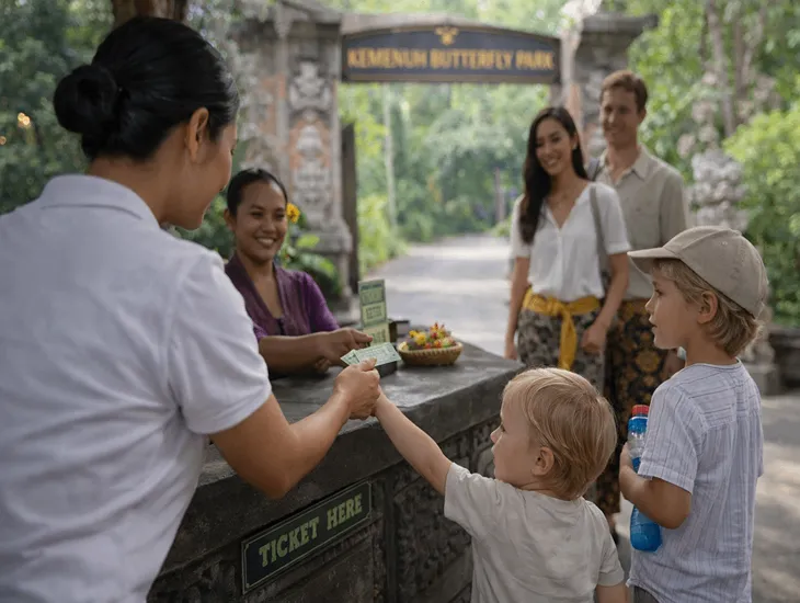 Nature park in Bali 2026 – A Sitter in Indonesia helping a family at the park ticket booth.